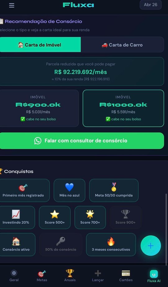 Fluxa no celular — consórcio e conquistas